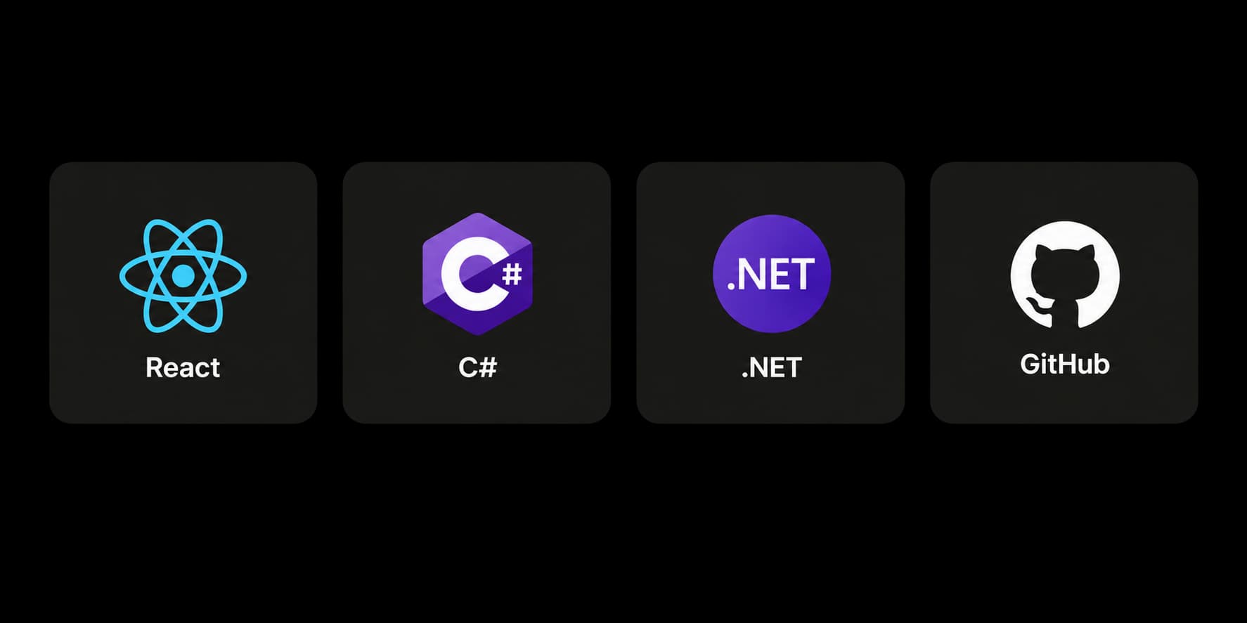 Four technology cards labelled React, C#, .NET, and GitHub