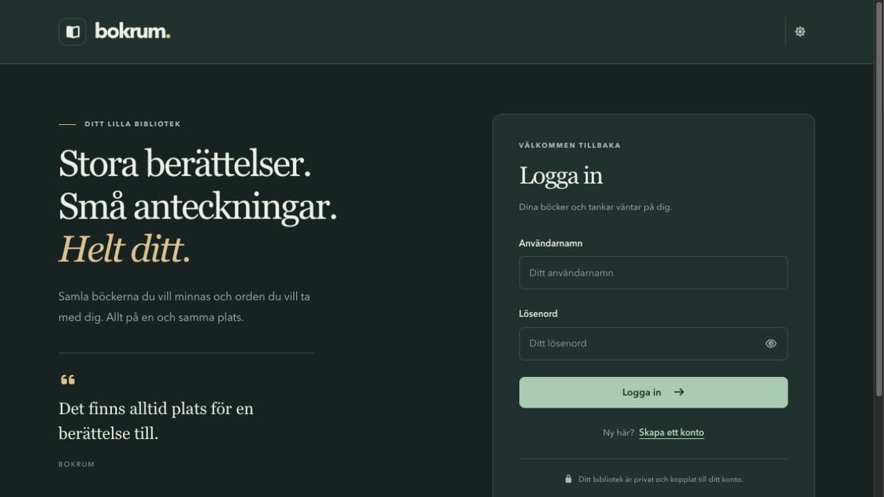 Bokrum's live Swedish login page in dark mode, with introductory text and an account login form