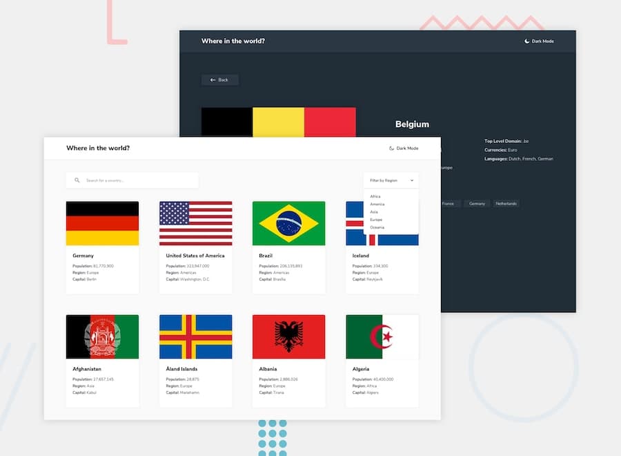 Countries application showing the country grid in light mode and Belgium details in dark mode
